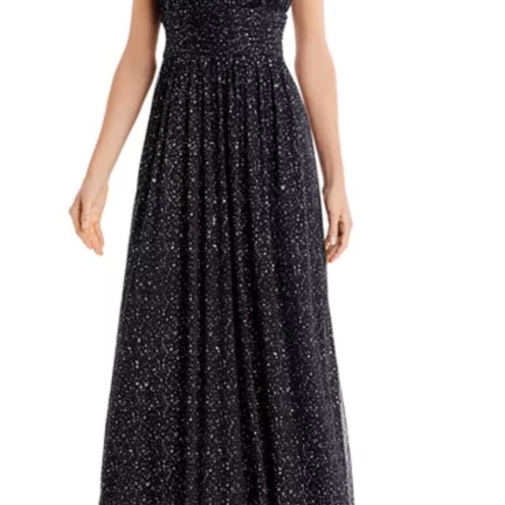 Eliza J Black Sequined Halter Gown with Silver Accents